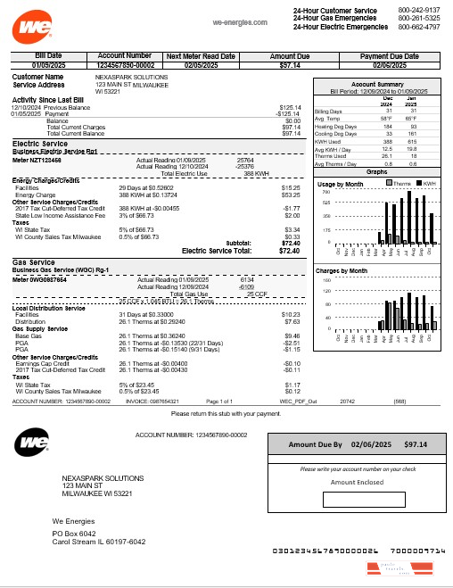 USA Wisconsin We Energies electricity business utility bill template in Word and PDF formats